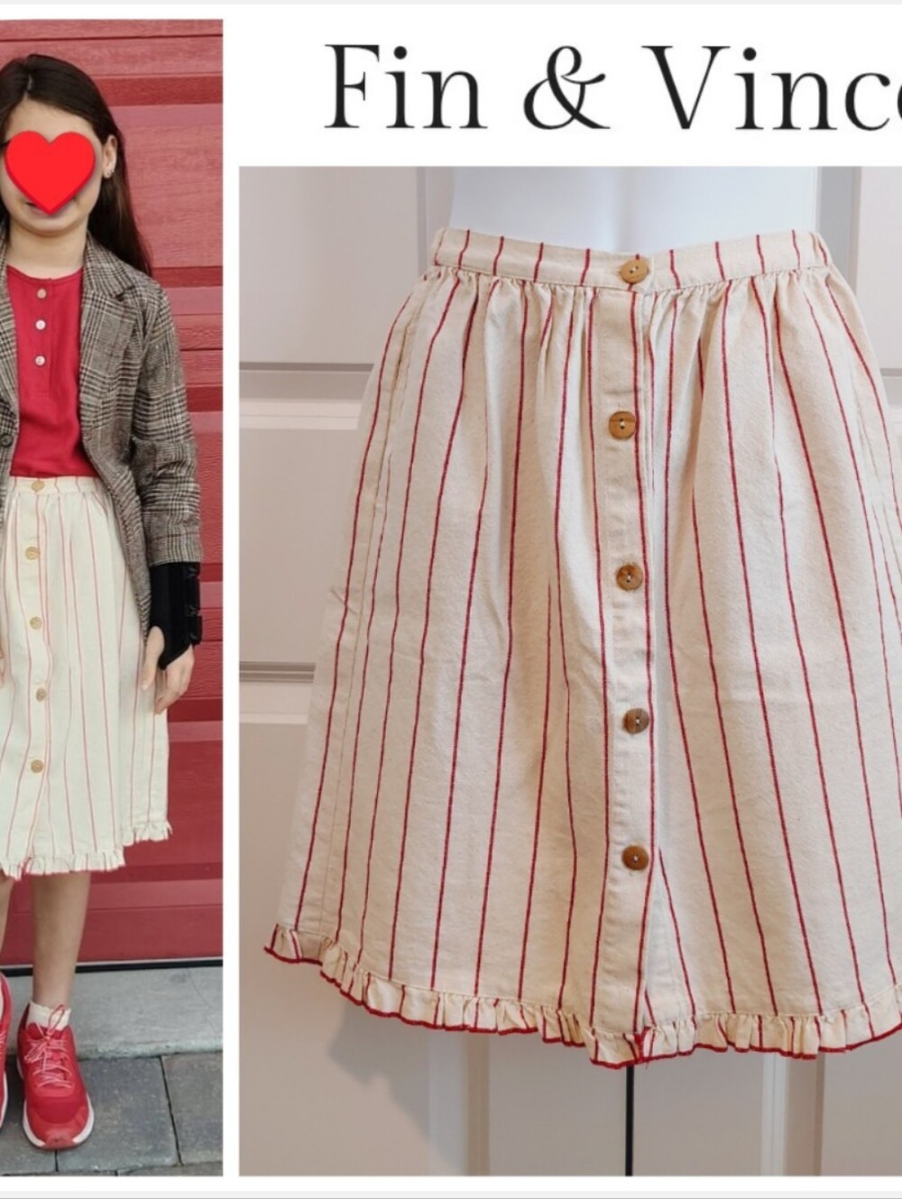 Fin & Vince Red/Cream Stripe Midi Skirt (UT Brand)